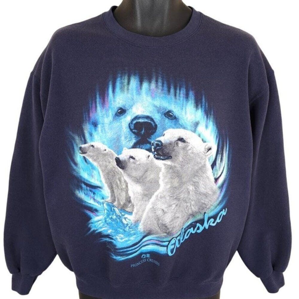 Vintage Alaska Polar Bears Sweatshirt Mens Size Medium Blue 90s Princess Cruises